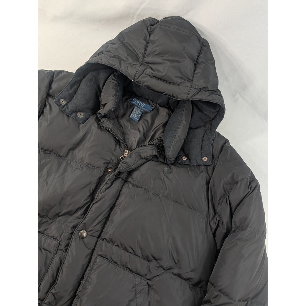 Vtg 1990s Polo Ralph Lauren Black Down Puffer Coat Puffy Hooded SIZE LARGE